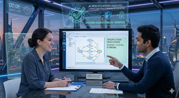 office showing two people inspecting a flowchart indicating a verified system specification