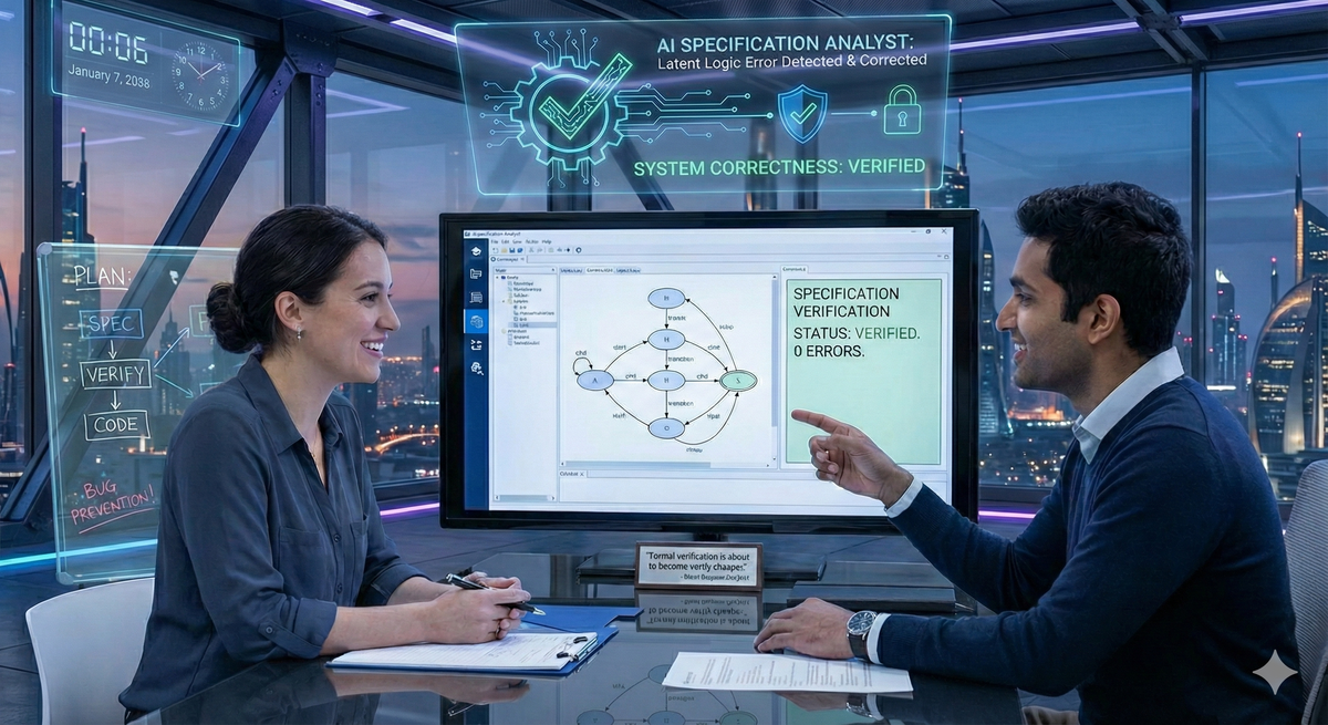 office showing two people inspecting a flowchart indicating a verified system specification