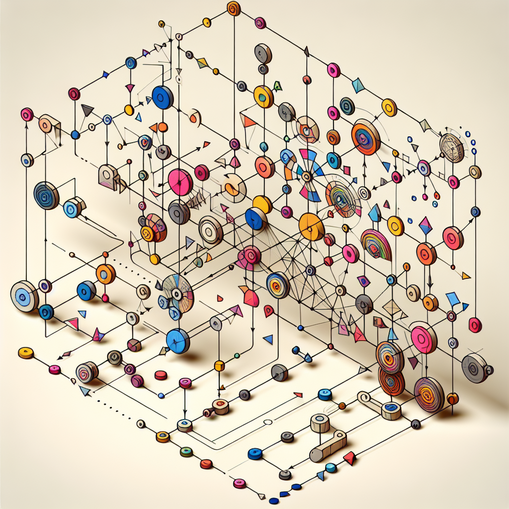 A 3D representation of interconnected nodes of various shapes and colors