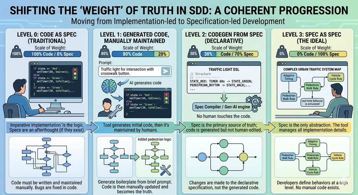 A diagram showing how we used to write code first, imperative specification, then move to specs
